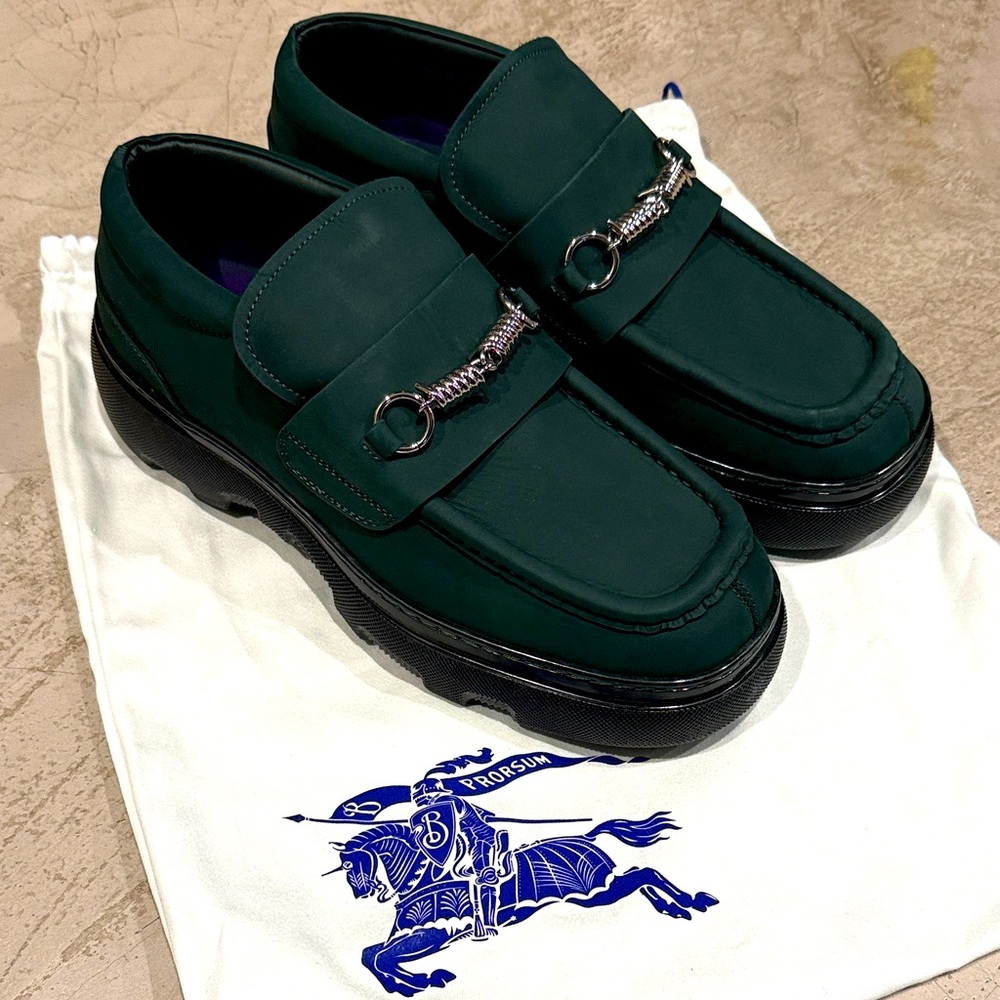 Burberry Creeper Camp Men's Green Loafers with Silver Metal Accent
